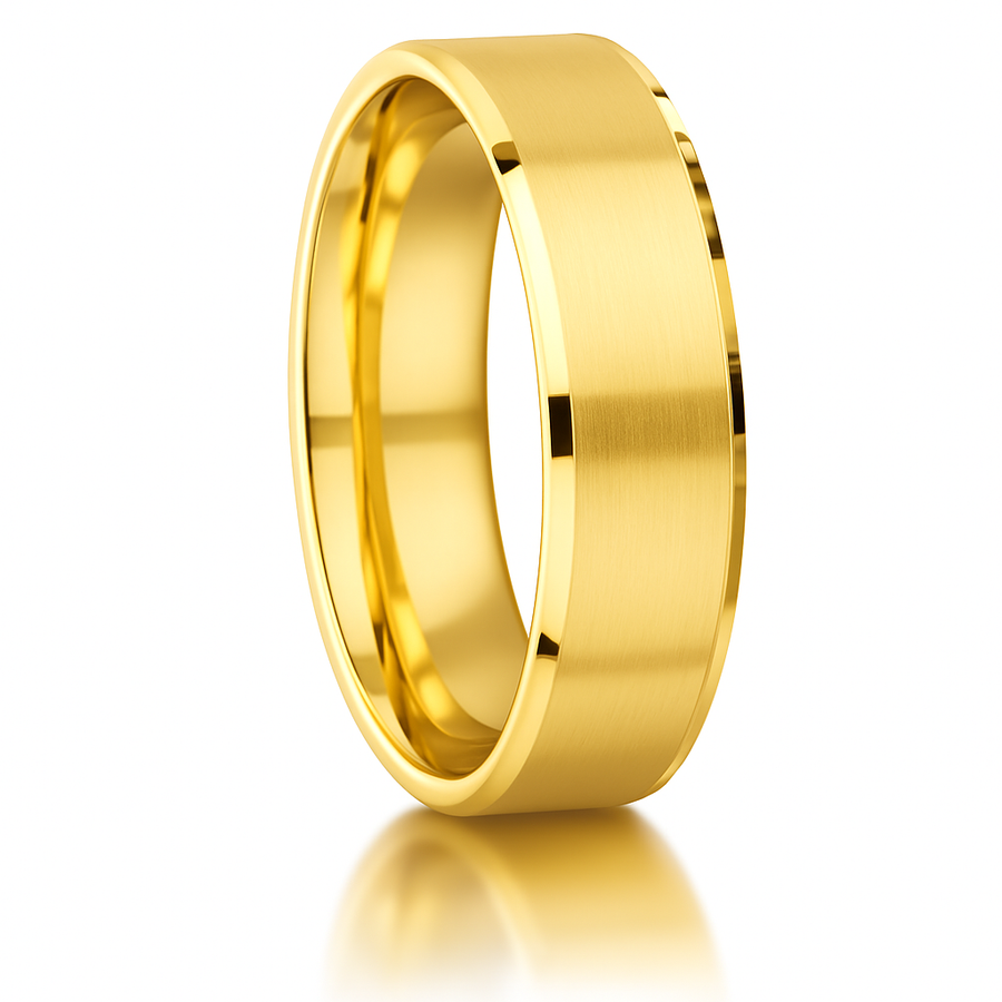 5mm 18ct Yellow Gold Flat Court Band With Bevelled Edges and a Matte Finished Centre